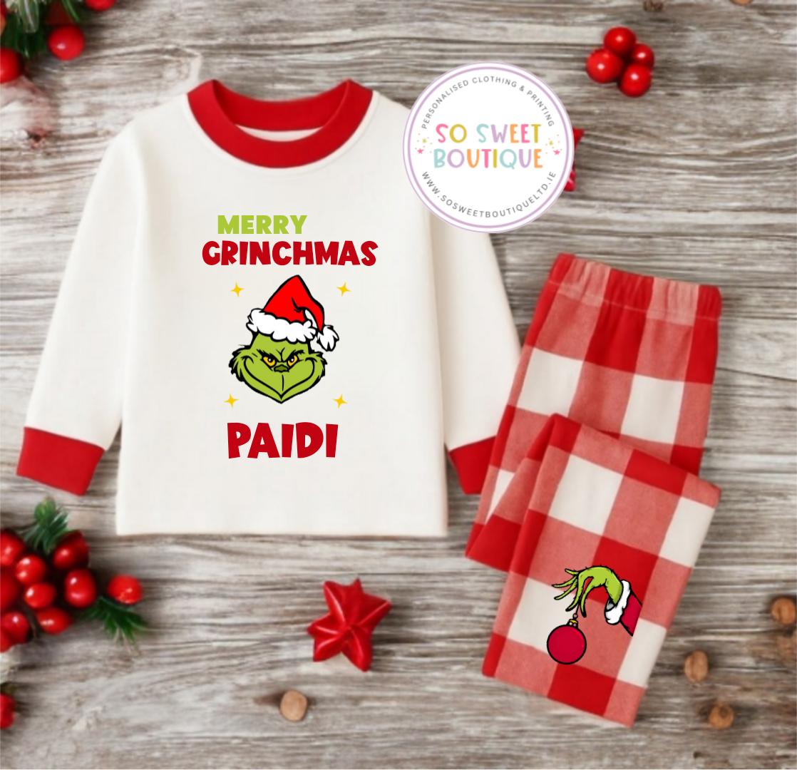Grinchmas Red Check Personalised Christmas Pyjamas