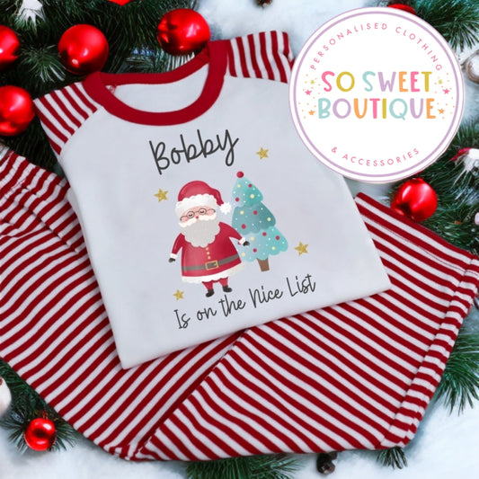 On The Nice List Red Stripe Personalised Christmas Pyjamas