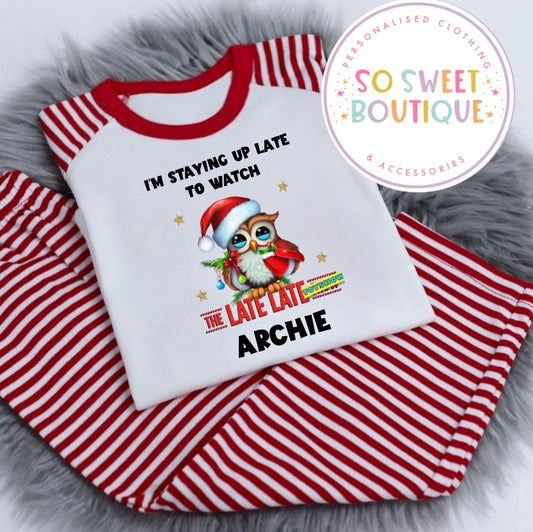 The Toy Show Owl Red Stripe Unisex Personalised Pyjamas