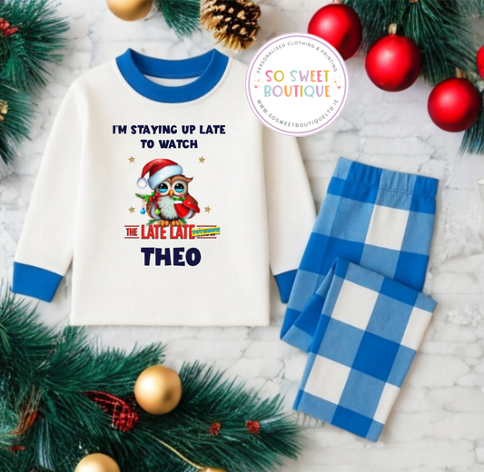 Personalized blue checkered owl pajamas for kids from SoSweetBoutiqueLtd, featuring a cute owl design and soft fabric.