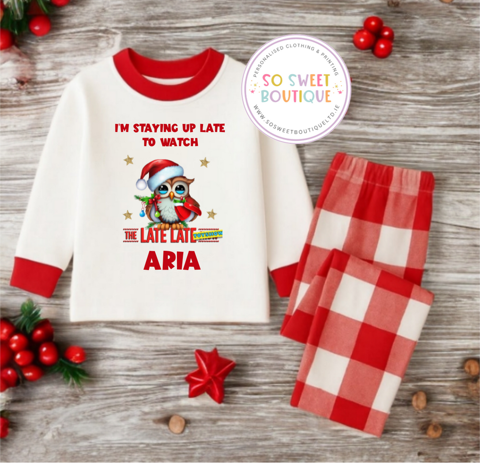 Personalized red checkered owl-themed pyjamas for children from SoSweetBoutiqueLtd, featuring a cozy, playful design.