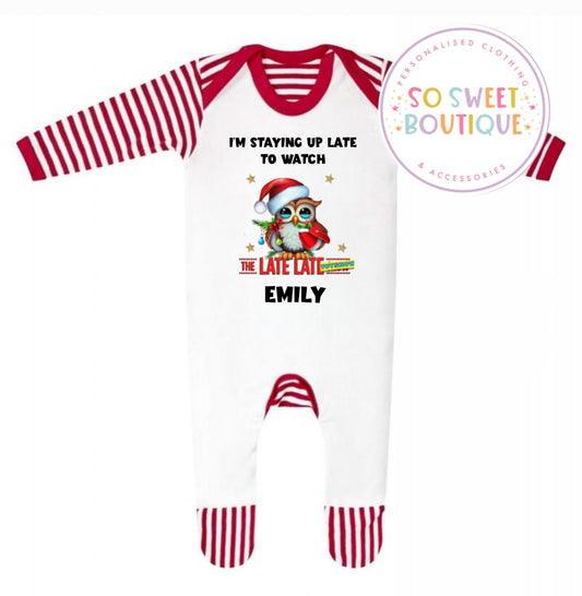 The Toy Show Owl Red Stripe Unisex Personalised Babygro Sleepsuit