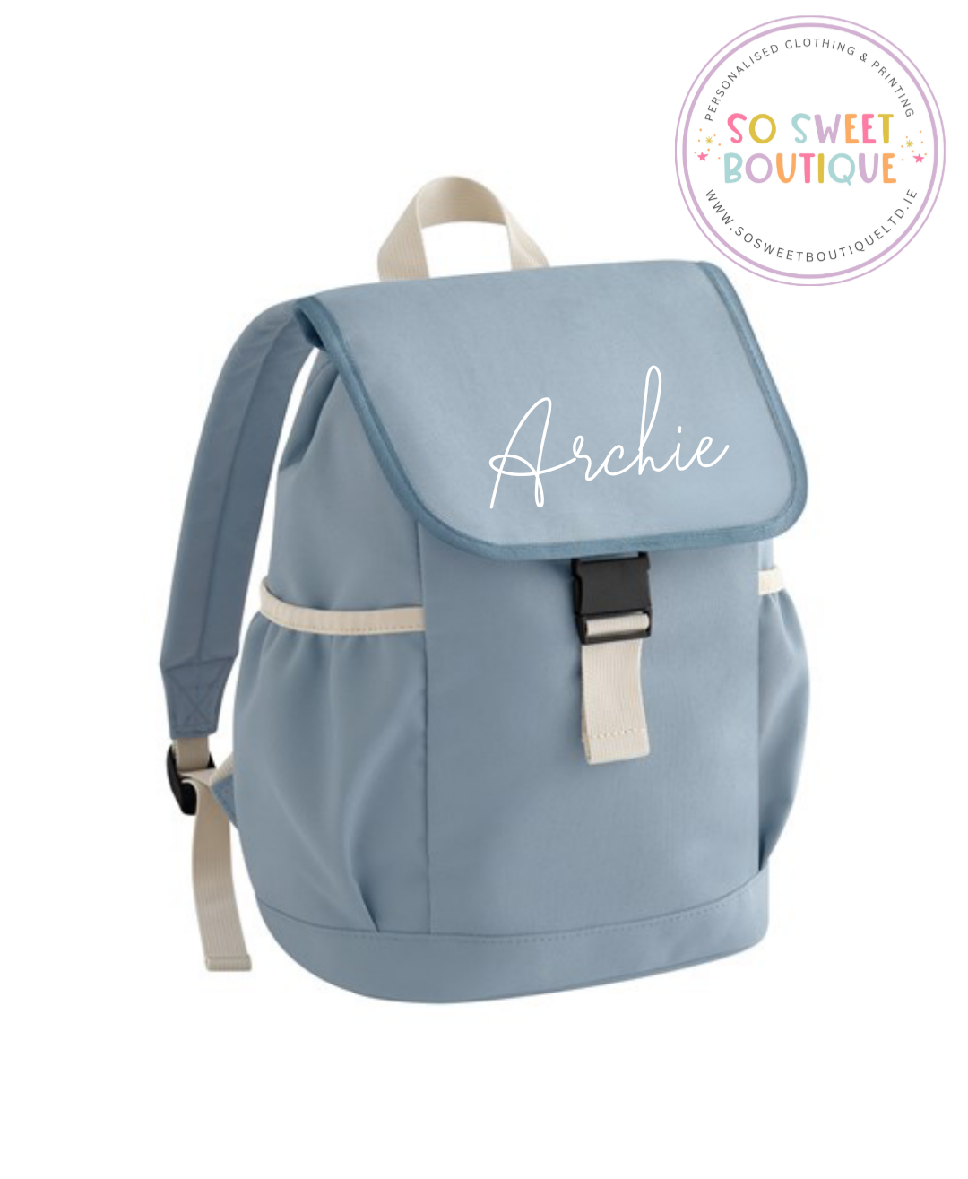 Dusty Blue Personalised Kids Adventure Backpack - SoSweetBoutiqueLtd