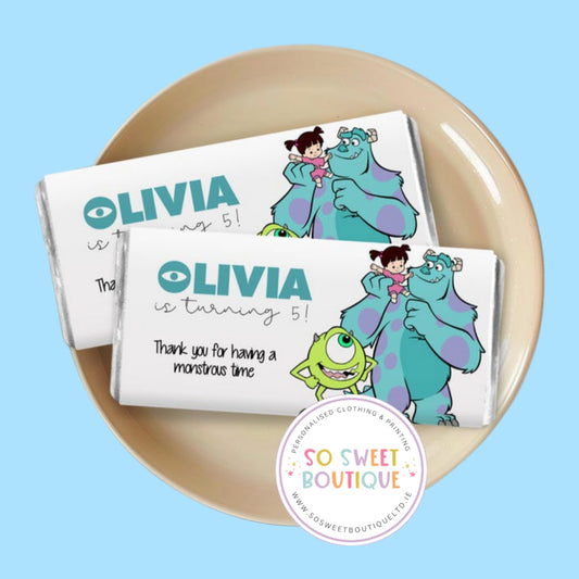 Monster Inc themed Personalised 40g Milk Chocolate Bars - 5 Pack - SoSweetBoutiqueLtd