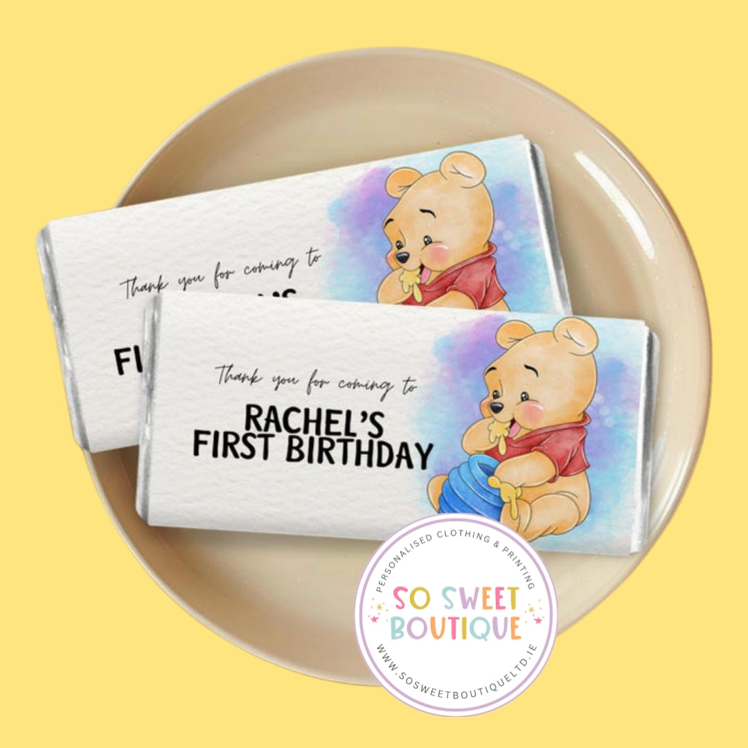 Winnie The Pooh themed Personalised 40g Milk Chocolate Bars - 5 Pack - SoSweetBoutiqueLtd