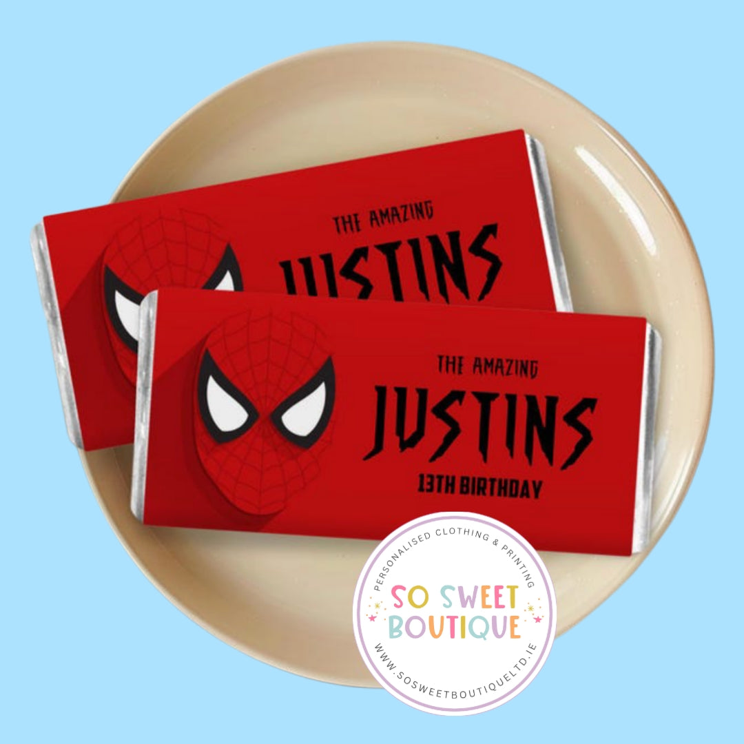Spiderman themed Personalised 40g Milk Chocolate Bars - 5 Pack - SoSweetBoutiqueLtd
