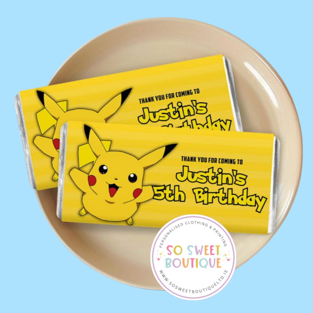 Pikachu Pokemon themed Personalised 40g Milk Chocolate Bars - 5 Pack - SoSweetBoutiqueLtd