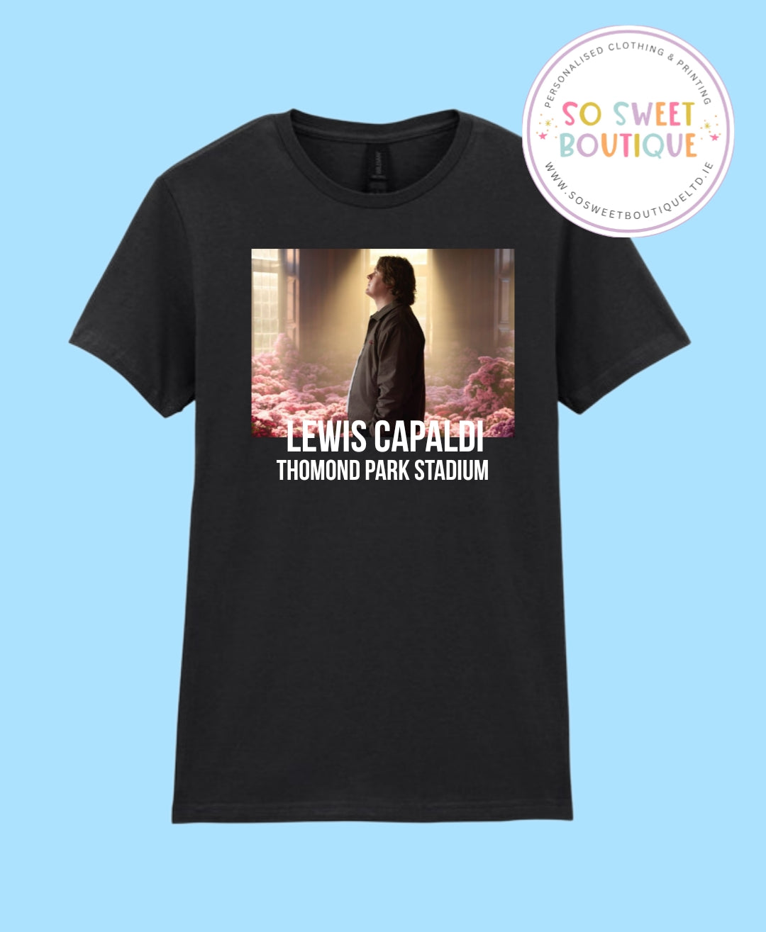 Black Lewis Capaldi Limerick 2026 T-shirt by SoSweetBoutiqueLtd featuring graphic design and comfortable fabric.