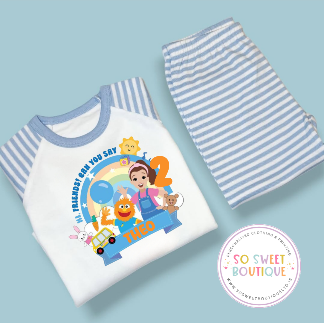Personalized Ms Rachel birthday pajamas for kids, soft fabric with custom name printing, perfect for special celebrations.