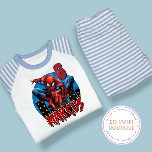 Personalized Spiderman birthday pajamas for kids from SoSweetBoutiqueLtd featuring a fun superhero design and custom name text.