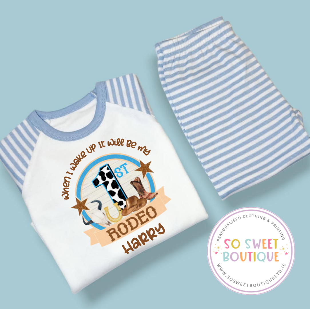 Personalized "My First Rodeo When I Wake Up" birthday pyjamas for kids by SoSweetBoutiqueLtd, featuring colorful, cozy sleepwear.