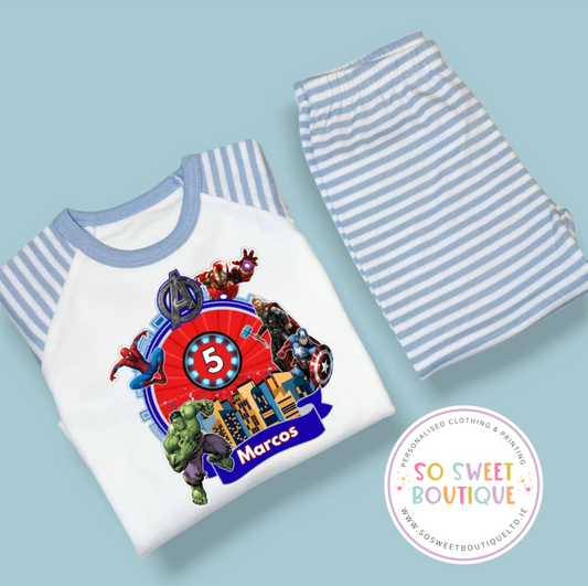 Personalised Avengers-themed birthday pyjamas from SoSweetBoutiqueLtd, featuring colorful superhero design for kids' sleepwear.