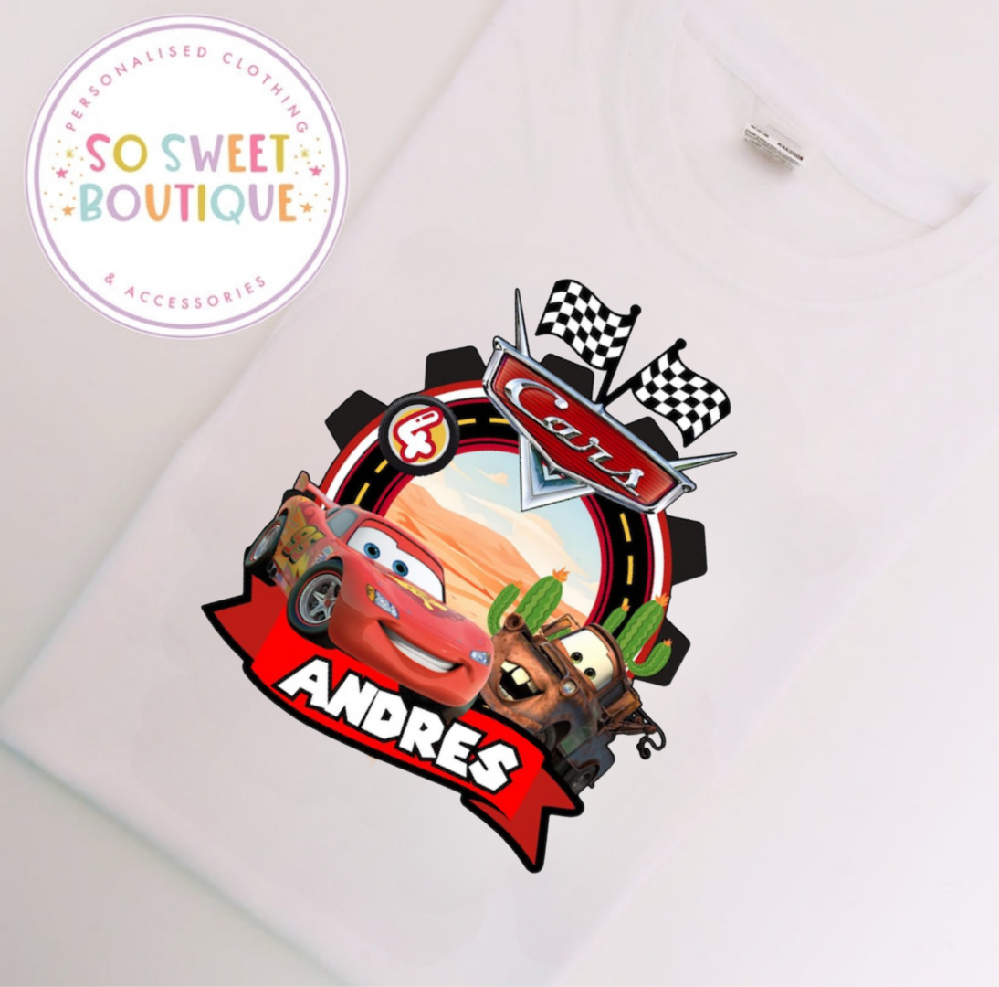 White Lightning McQueen Cars themed birthday T-shirt by SoSweetBoutiqueLtd featuring a colorful race car design.
