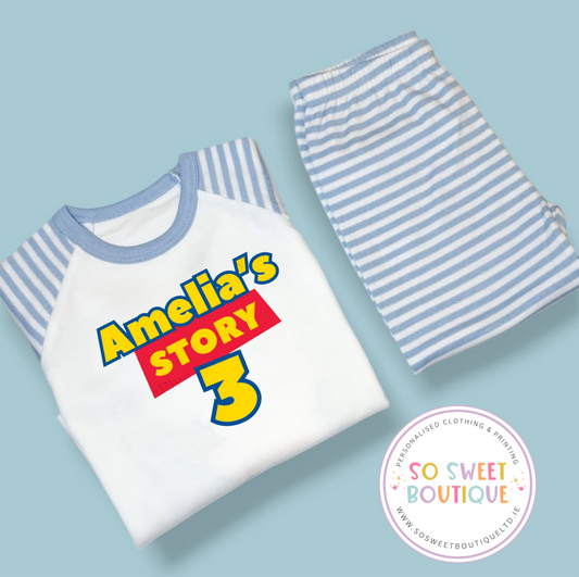 Personalised Toy Story birthday pyjamas from SoSweetBoutiqueLtd featuring colorful Toy Story characters and fun sleepwear design.