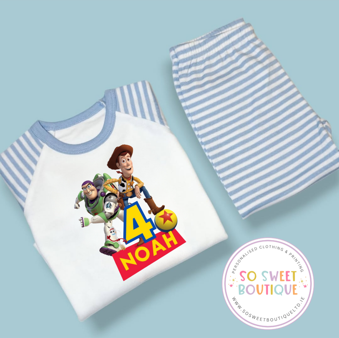 Personalized Toy Story bedtime pyjamas featuring Woody and Buzz Lightyear, ideal for birthday celebrations, by SoSweetBoutiqueLtd.