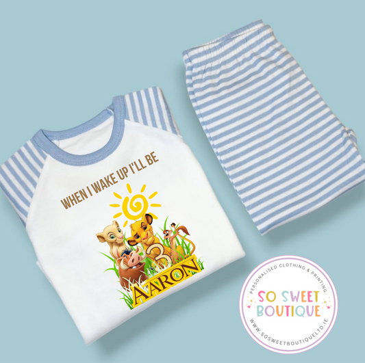 Personalised Lion King birthday pyjamas by SoSweetBoutiqueLtd featuring a lion character and playful design for kids.