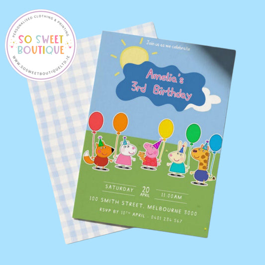 PK 16 Peppa Pig Blue Gingham Personalised Birthday Party Invitations