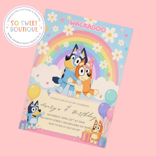 Pk 16 Bluey Rainbow Personalised Birthday Party Invitations