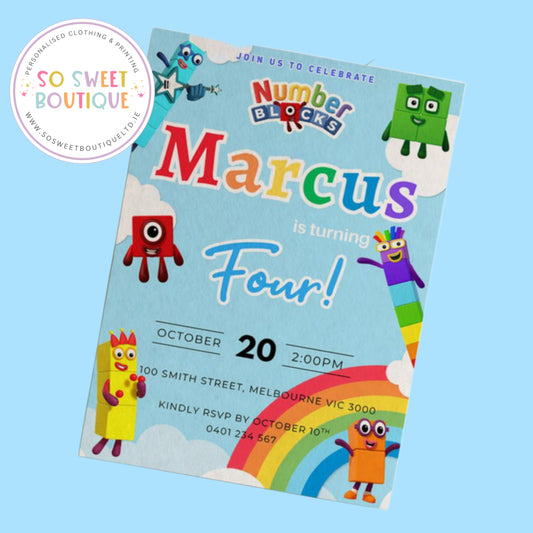 Pk 16 Number Blocks Personalised Birthday Party Invitations