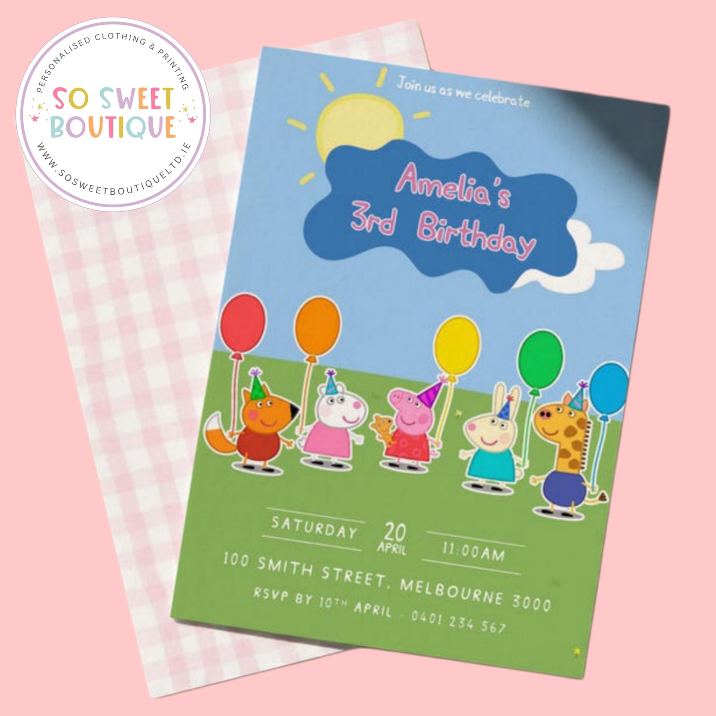 Pk 16 Peppa Pig Pink Gingham Personalised Birthday Party Invitations