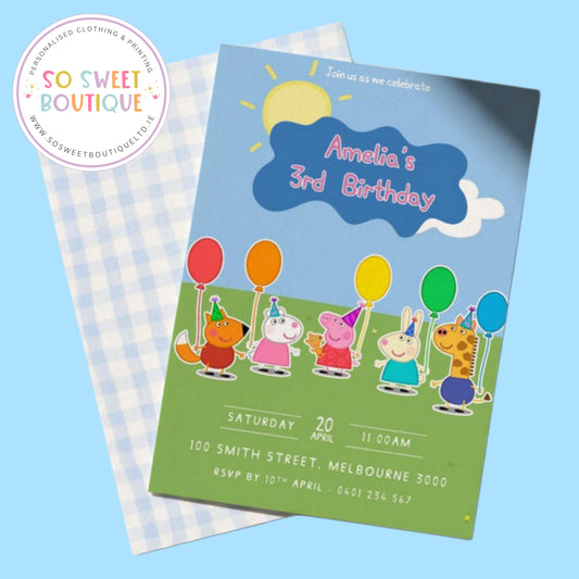 PK 16 Peppa Pig Blue Gingham Personalised Birthday Party Invitations