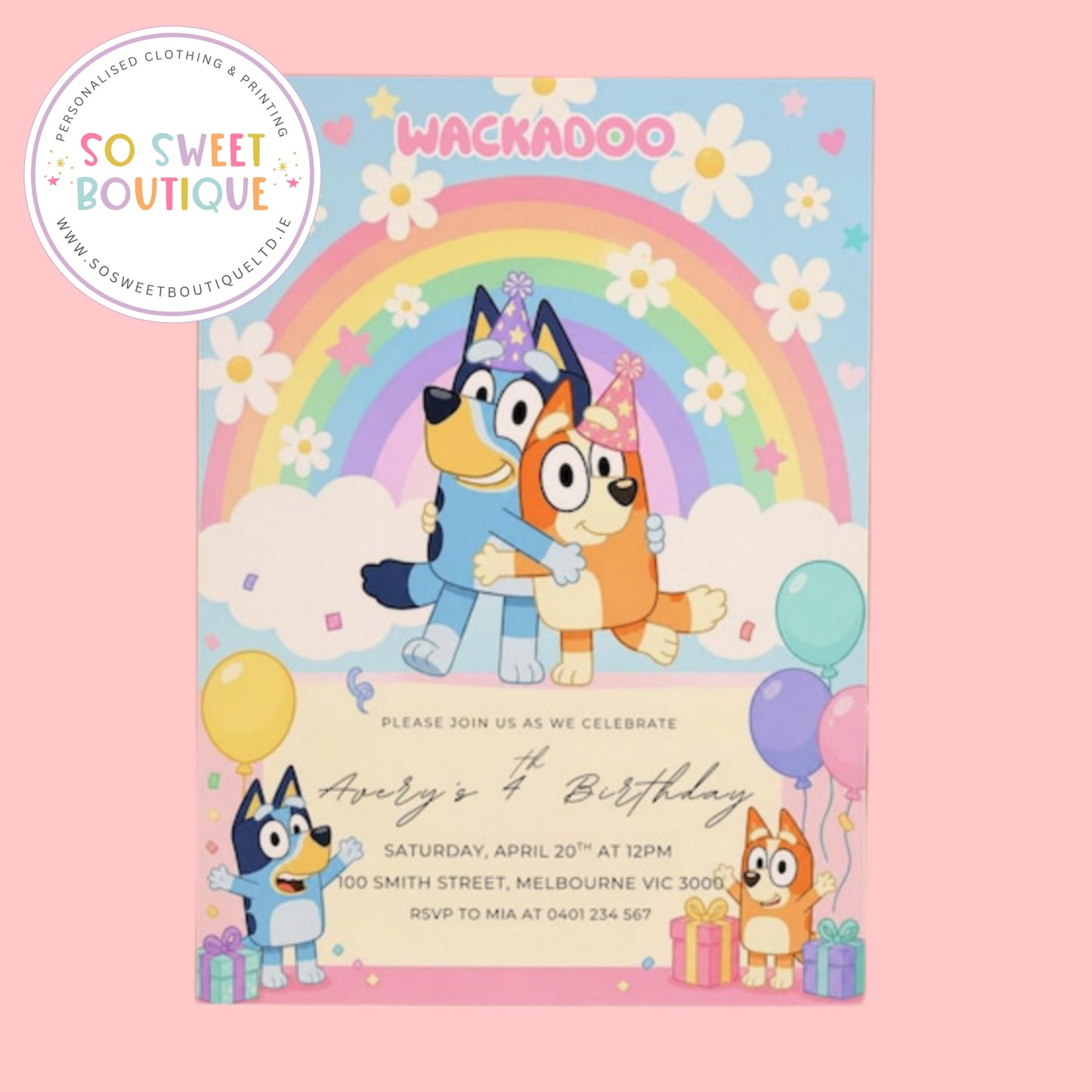 Pk 16 Bluey Rainbow Personalised Birthday Party Invitations