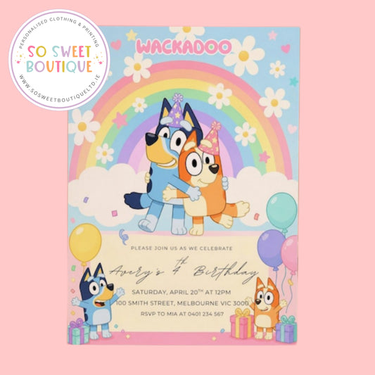 Pk 16 Bluey Rainbow Personalised Birthday Party Invitations