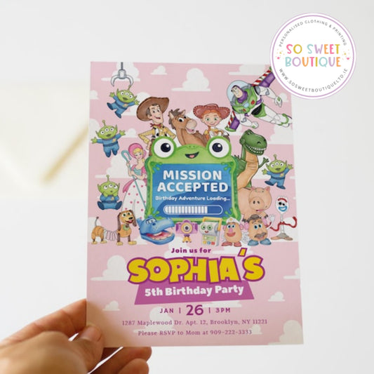 Pk 16 Toy Story Pink themed Personalised Birthday Party Invitations