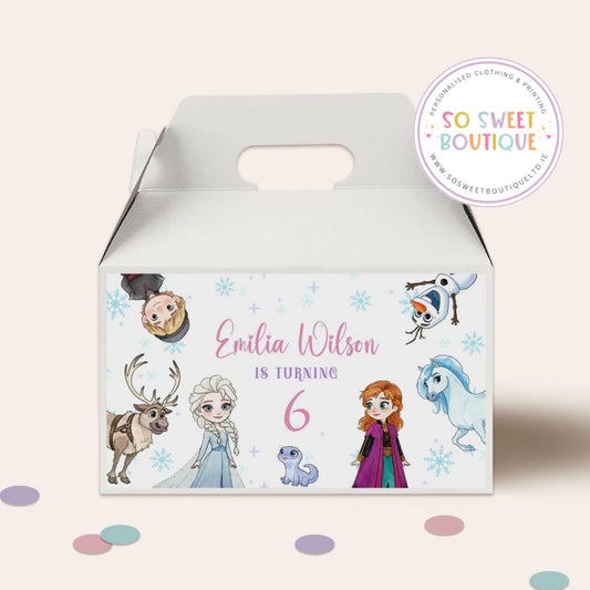Frozen Anna And Elsa themed Personalised White Fillable Party Box