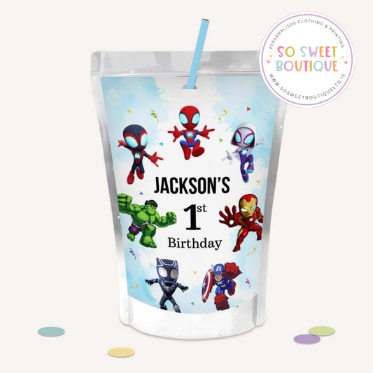 PK 8 Spiderman Superhero themed Personalised Capri Sun Pre-Cut Sticker Labels