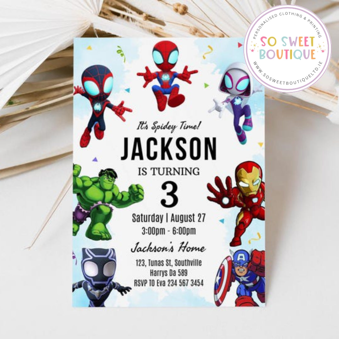 Pk 16 Spiderman Superhero themed Personalised Birthday Party Invitations