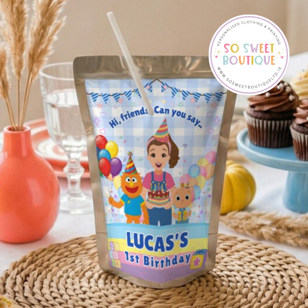 PK 8 Ms Rachel Blue themed Personalised Capri Sun Pre-Cut Sticker Labels