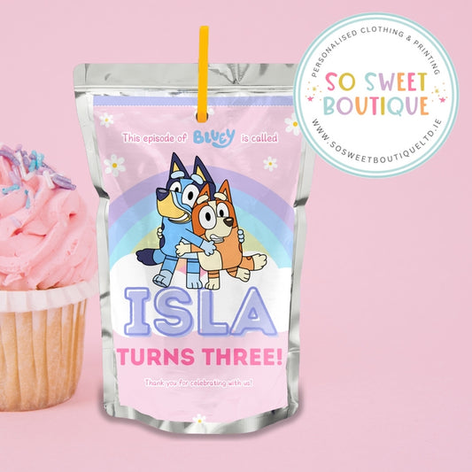 PK 8 Bluey themed Personalised Capri Sun Pre-Cut Sticker Labels