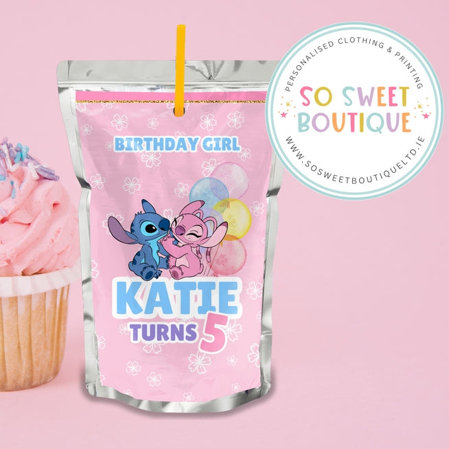 PK 8 Stitch And Angel themed Personalised Capri Sun Pre-Cut Sticker Labels