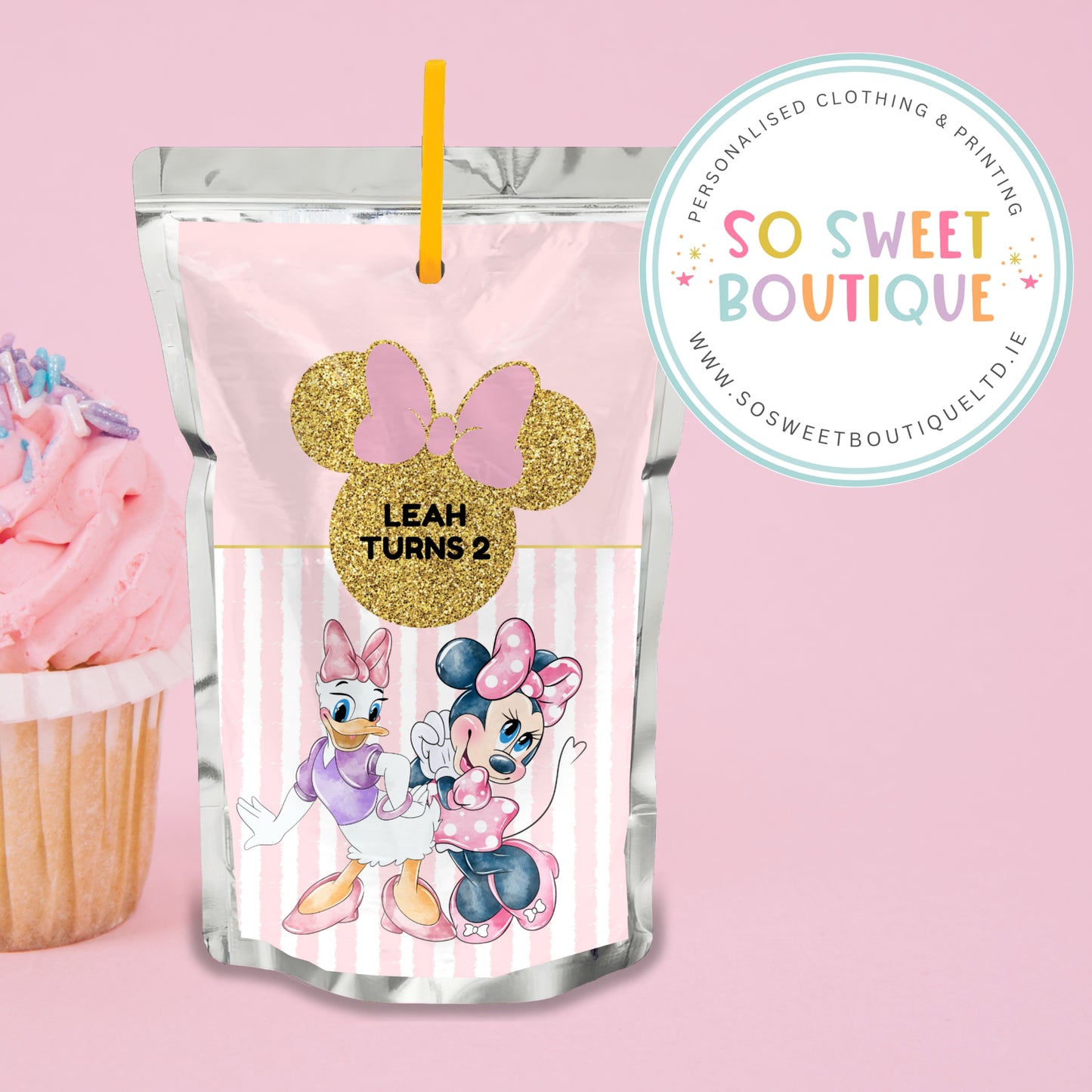 PK 8 Minnie Mouse themed Personalised Capri Sun Pre-Cut Sticker Labels
