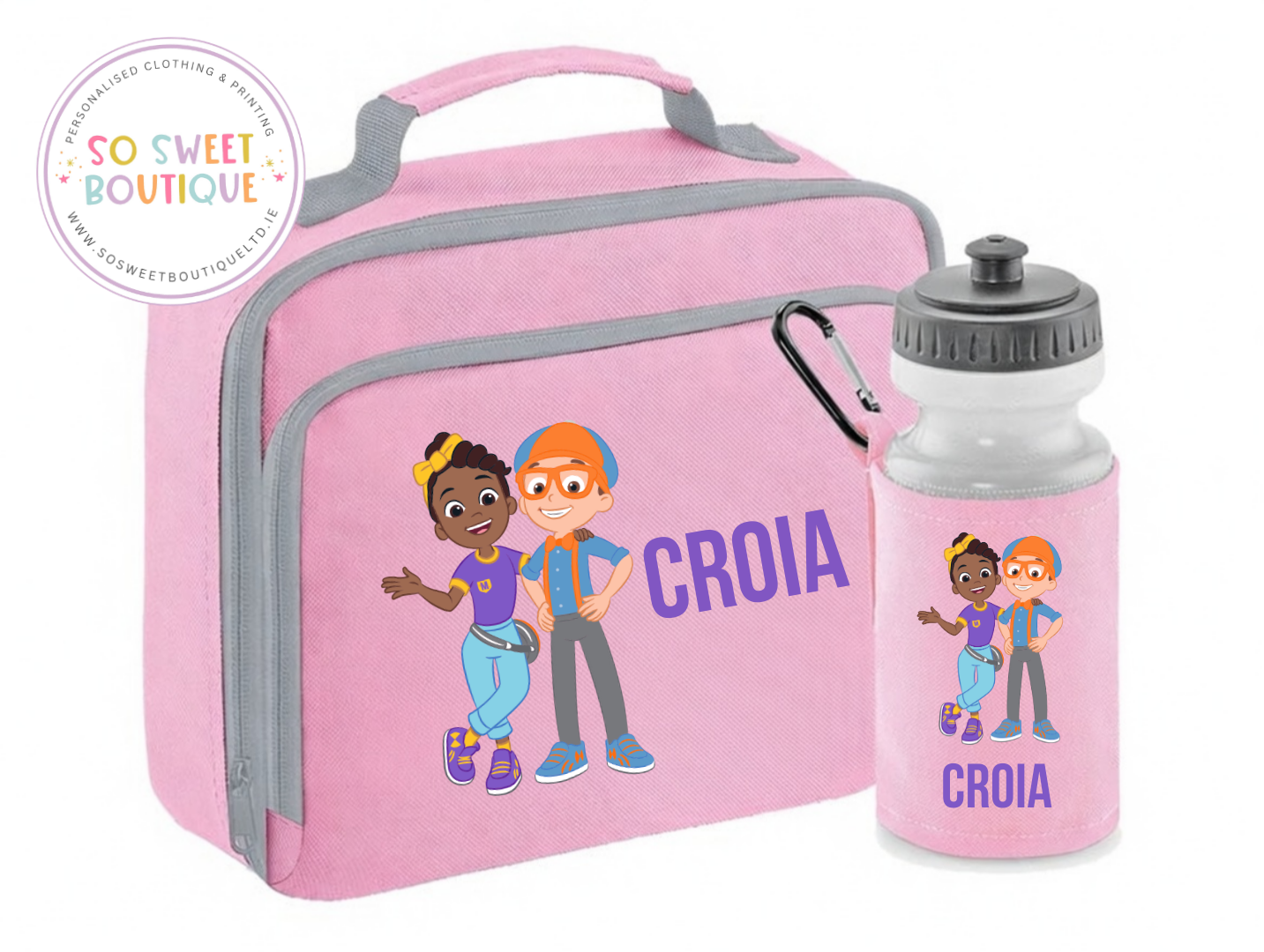 Blippi & Meekah Personalised Insulated Pink Lunch Bag & Water Bottle Set