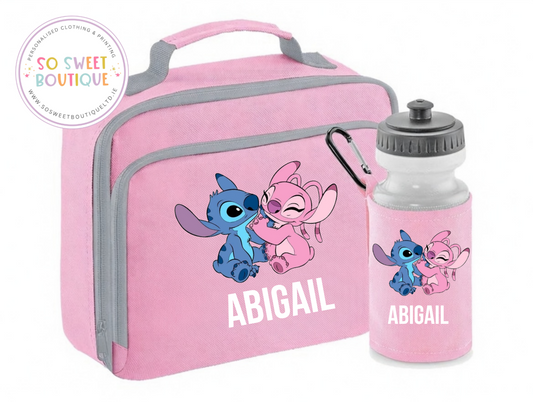 Stitch & Angel Personalised Insulated Pink Lunch Bag & Water Bottle Set