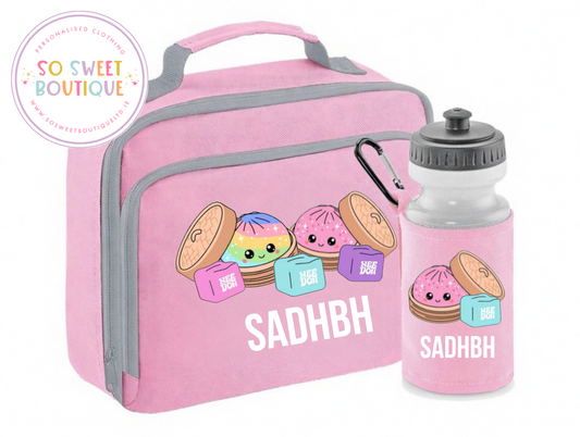Squisy Dumplings Personalised Insulated Pink Lunch Bag & Water Bottle Set