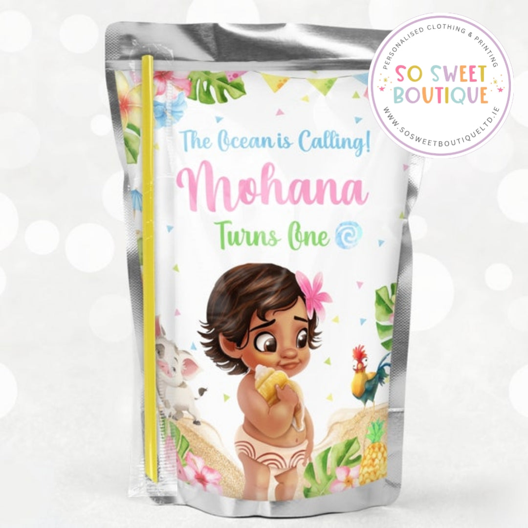 PK 8 Baby Moana themed Personalised Capri Sun Pre-Cut Sticker Labels