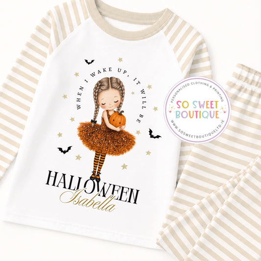 Halloween Girl Personalised Beige Stripe Pyjamas (Various Hair Colours)
