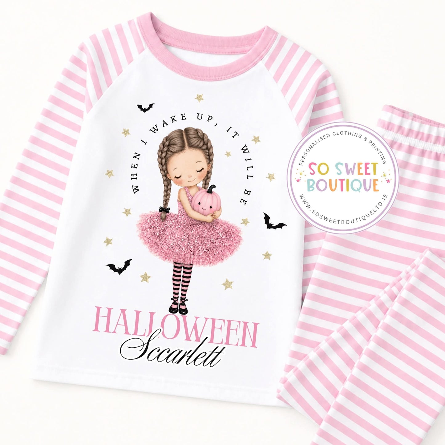 Halloween Girl Personalised Pink Stripe Pyjamas (Various Hair Colours)