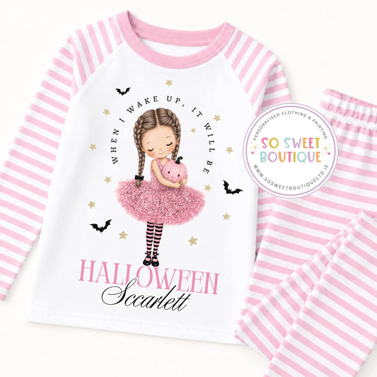 Halloween Girl Personalised Pink Stripe Pyjamas (Various Hair Colours)