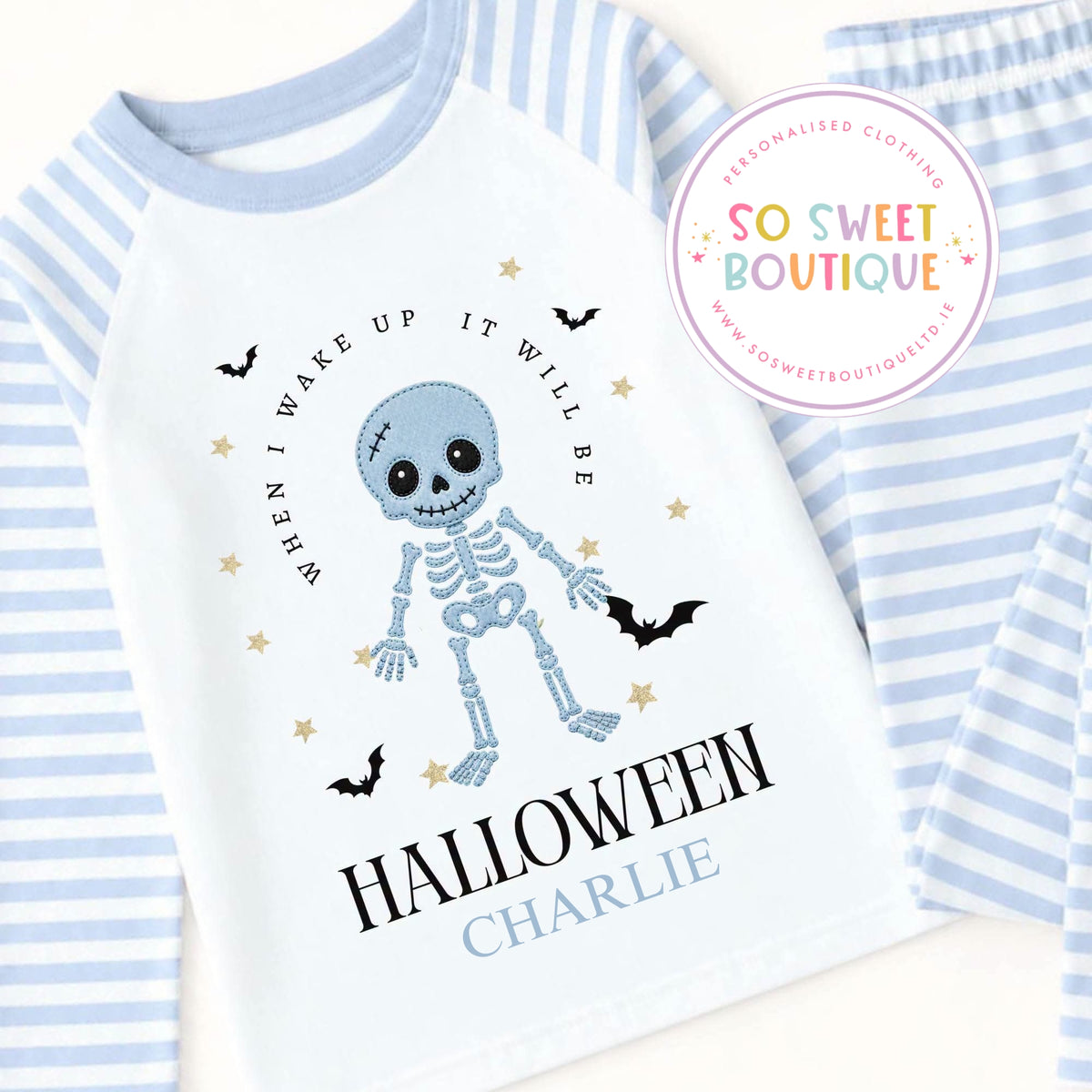 Skeleton themed Personalised Halloween Blue Pyjamas