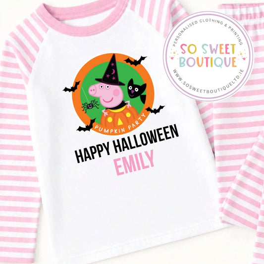Pink Peppa Pig themed personalised Halloween pyjamas for kids, featuring fun Peppa Pig characters and festive decorations.
