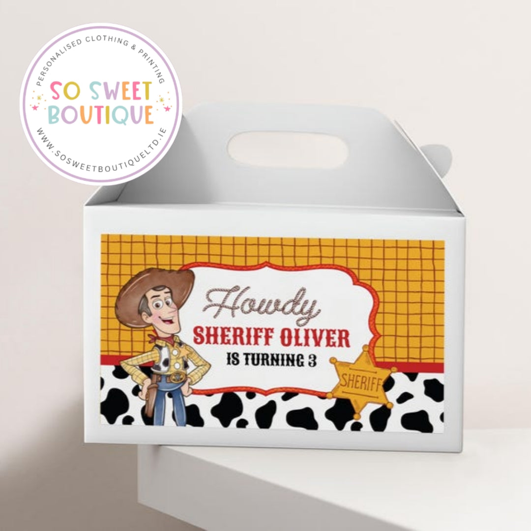 Toy Story Woody themed personalized white treat box with fillable interior, perfect for party favors or gifts.