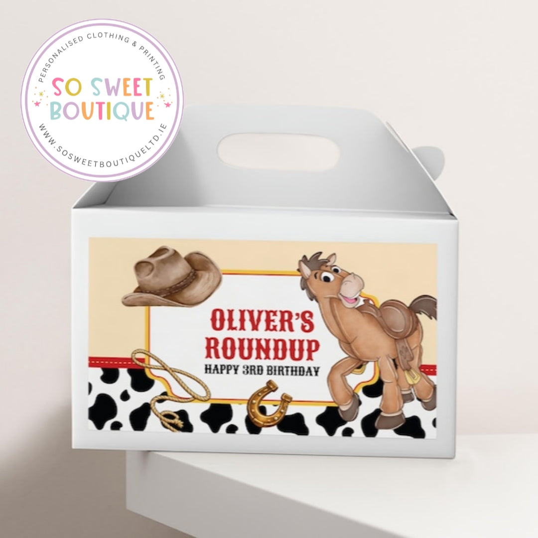 Personalised Toy Story Bullseye treat box by SoSweetBoutiqueLtd, white fillable box with themed design and space for custom message.