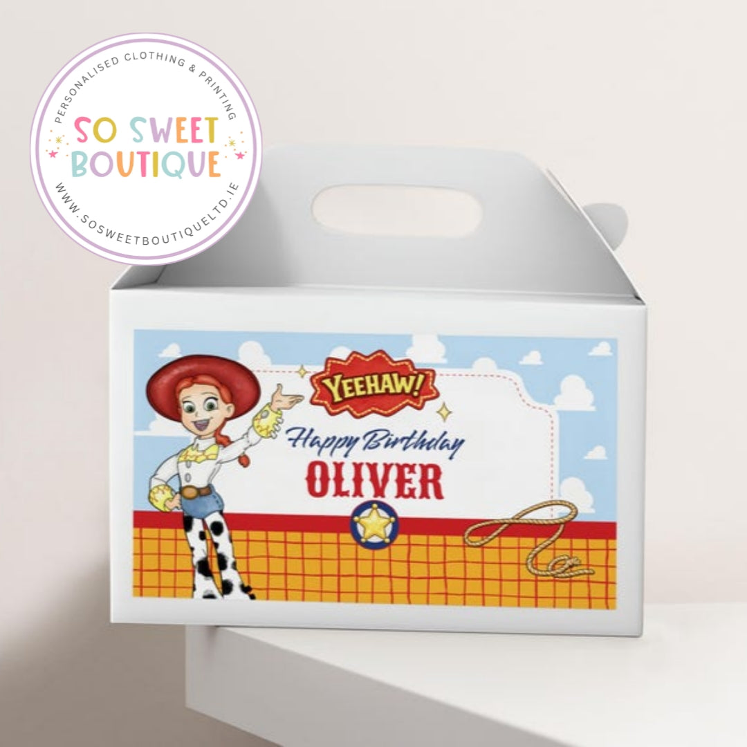 Personalised Toy Story Jessie-themed white fillable treat box with decorative Jessie design, ideal for party favors or gifts.