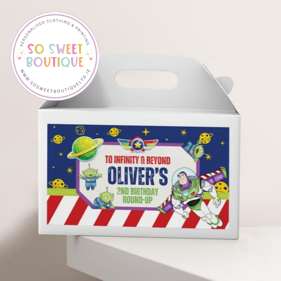 Personalised Toy Story Buzz Lightyear treat box with white fillable interior, perfect for birthdays and celebrations.