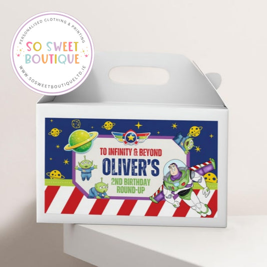 Personalised Toy Story Buzz Lightyear treat box with white fillable interior, perfect for birthdays and celebrations.