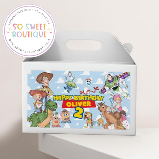 Blue Toy Story themed personalized white treat box with fillable interior, perfect for kids' party favors from SoSweetBoutiqueLtd.